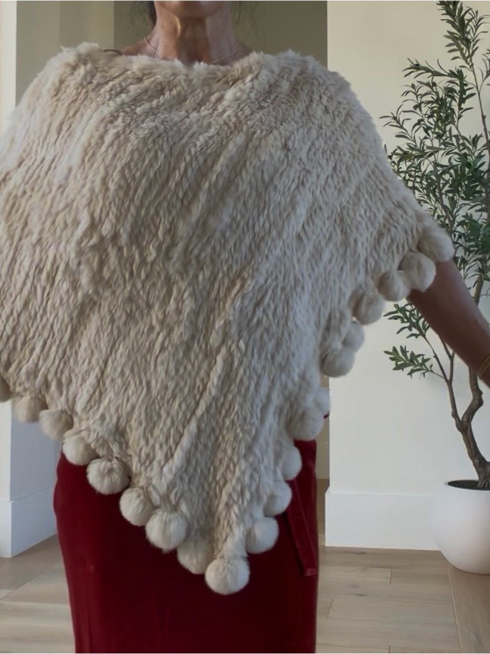 Cream Pom-Pom Faux Fur Poncho -